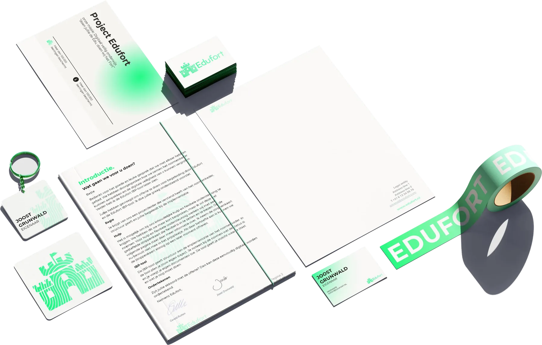 Edufort huisstijl op briefpapier, visitekaartjes en tape