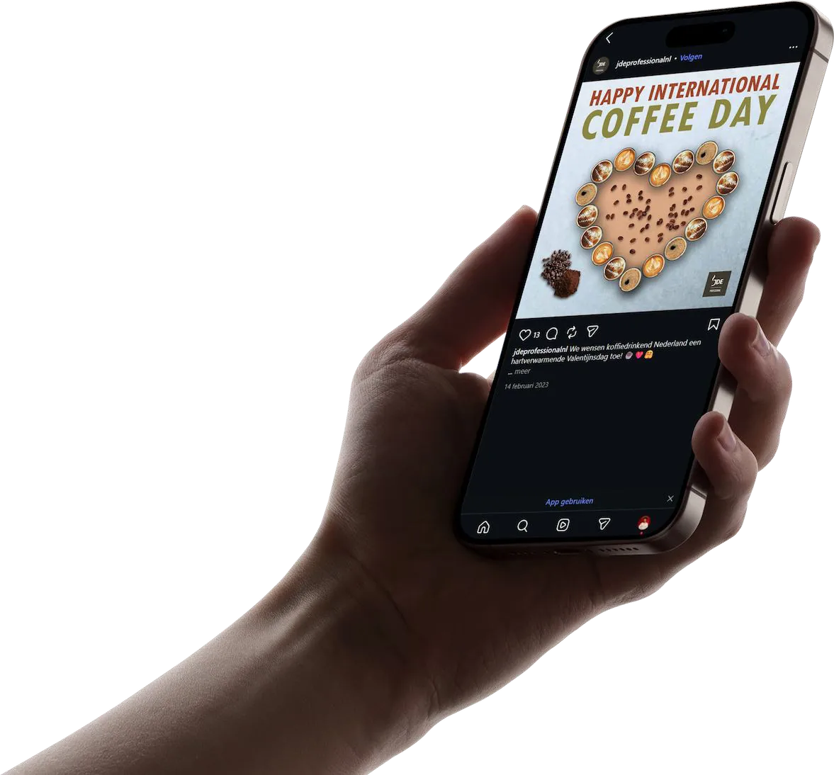 Hand die een telefoon vasthoudt met een Happy International Coffee Day post