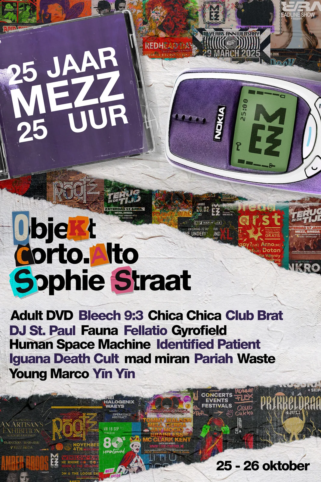 Poster 25 jaar MEZZ met een Nokia 3310